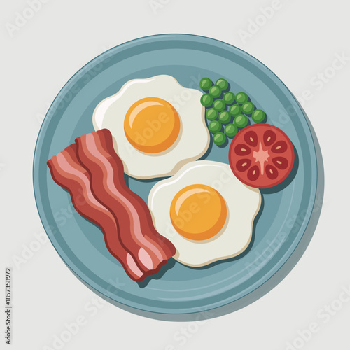 A visually appealing breakfast plate featuring two sunny-side-up eggs, crispy bacon, fresh greens, and a slice of tomato, perfect for a morning meal.