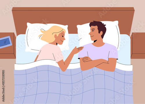 A happy couple lies in bed, sharing intimate moments, showcasing love, connection, and tranquility, emphasizing the importance of togetherness and emotional bonds.