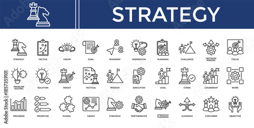 Strategy icon set collection. Containing issue, develop, mind, guidance, progress, decision, leadership .Line vector icons collection