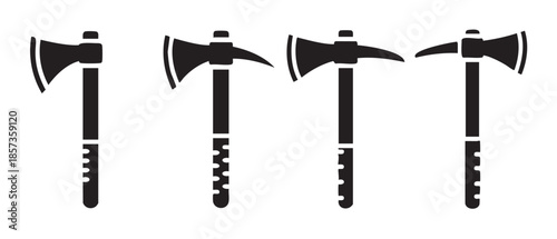 Four black silhouette axe and tomahawk icons representing various types of cutting tools and weapons for outdoor activities and historical themes.