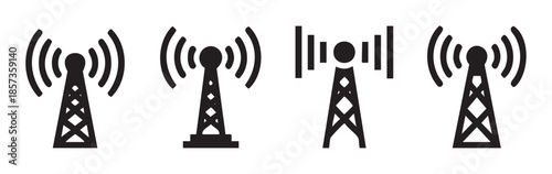 Communication towers transmit wireless signals across various networks, symbolizing connectivity, broadcasting, and modern telecommunications infrastructure in a set of black icons.