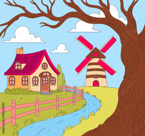 A charming, illustrated scene featuring a quaint cottage and a colorful windmill, surrounded by beautiful nature, creating a picturesque and whimsical landscape.