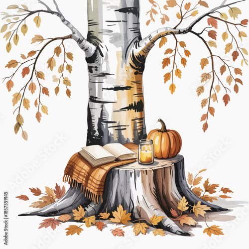 A cozy autumn scene featuring a rustic tree stump adorned with a warm blanket, an open book, a quaint pumpkin, and vibrant fallen leaves capturing the essence of fall.