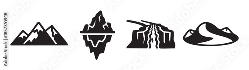 Mountains iceberg waterfall hills natural landscape icons set in a simple black and white graphic style, representing various environmental elements.