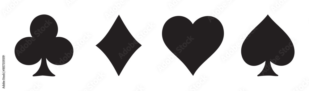 Obraz premium Playing card suits symbols set in black color, including club, diamond, heart, and spade, representing gambling, casino, and game concepts.