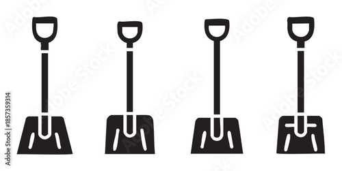 Four black shovel icons representing gardening and construction tools, essential for digging, landscaping, and various outdoor work activities.