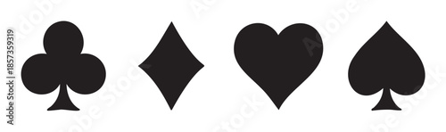 Playing card suits symbols set in black color, including club, diamond, heart, and spade, representing gambling, casino, and game concepts.