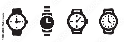 Four different minimalist wristwatch icons represent time management and punctuality, perfect for various digital and print design applications.