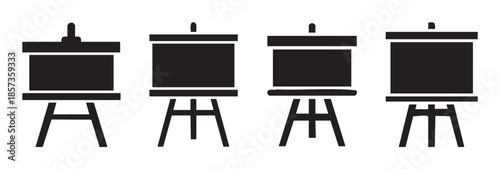 Four distinct easels with canvases are displayed in a row, representing art, creativity, and presentation tools in a simple, iconic vector style.