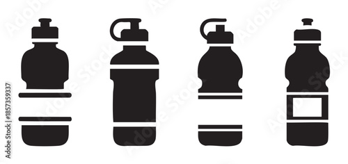 Water bottles vector icon set showing various shapes and designs suitable for hydration, sports, and daily use in a modern graphic style.