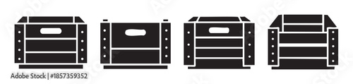 Four black wooden fruit crates icons are displayed in a row, representing various types of storage containers or delivery boxes for produce and goods.