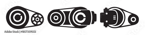 Abstract mechanical engineering film camera icons are displayed in a minimalist black and white vector illustration representing various industrial and creative concepts.