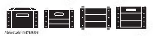Four different cargo shipping crates and storage boxes are depicted as simple black vector icons, illustrating various designs for transport and organization.