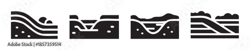 Geological cross-sections illustrating various earth layers, water bodies, and terrain profiles in a simple, modern graphic icon set for scientific and educational purposes.