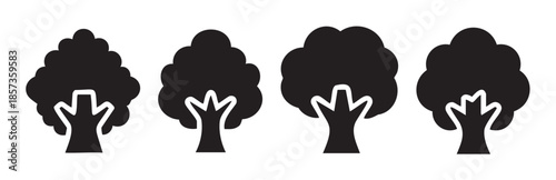Four simple black tree icons with distinct canopy and trunk designs, illustrating a range of natural shapes and forms found in forests and parks.