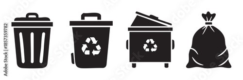 Waste disposal containers and a garbage bag are depicted in a set of black silhouette icons representing environmental responsibility and proper refuse management.