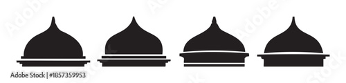 Four distinct architectural domes with pointed spires are depicted as black silhouettes, showcasing various traditional and religious building roof designs.