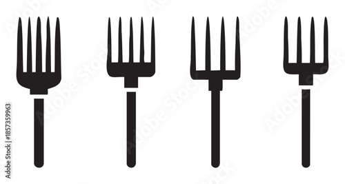 Four black dining forks are displayed as minimalist graphic design icons, representing essential kitchen utensils used for eating meals.
