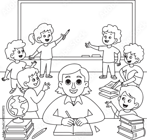 Opposite Day classroom illustration outline, student teaching the teacher, flat line art vector, isolated white background