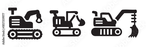 Three black silhouette excavator construction vehicle icons representing heavy machinery and industrial equipment for digging and earthmoving projects.