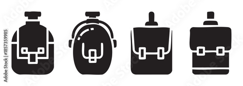 Four stylized black flasks and canteens are presented in a clean, minimalist iconographic style, suitable for various design applications.