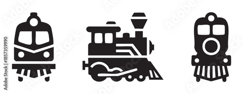 Three different train locomotive icons representing various railway transportation vehicles and historical steam engines in a simple graphic style.