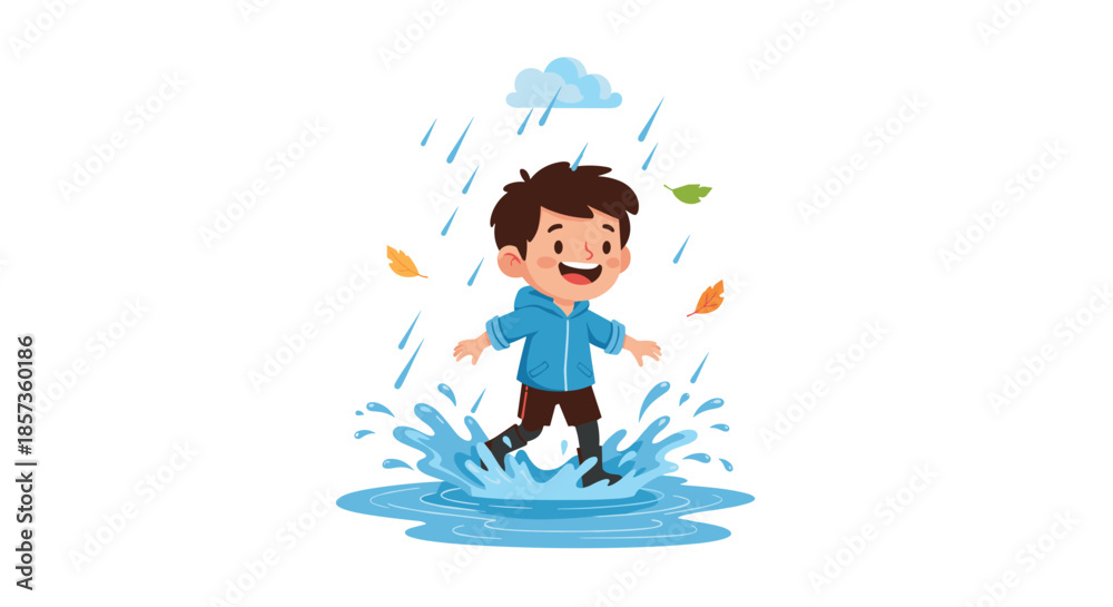 Fototapeta premium Happy young boy wearing a blue hoodie and boots jumping and splashing in a water puddle during a rainy autumn day.
