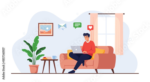 Young man sitting comfortably on a sofa using a laptop with various social media notification icons floating around him at home.