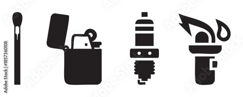 Matchstick lighter spark plug torch ignition tools are essential items for starting fires and engines, depicted as simple black silhouettes.