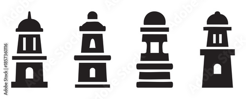 Four distinct lighthouses vector icons set in simple minimalist black silhouettes representing navigation, guidance, and coastal safety for maritime themes.