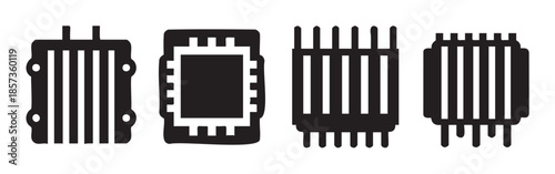 Electronic components icons featuring a collection of stylized integrated circuits and microchips, essential elements for computing and digital systems.