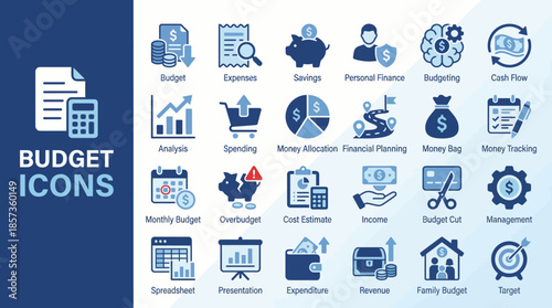 Comprehensive set of budgeting icons for financial planning and management, including expenses, income, savings, invoices, payroll, taxes, charts, and cash flow visuals.
