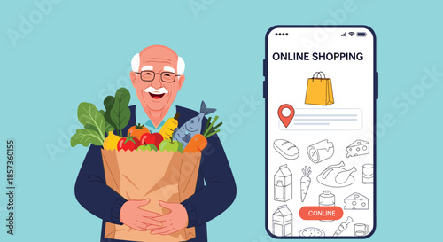 Happy senior man holding a bag of fresh groceries while a smartphone next to him displays an online shopping application.