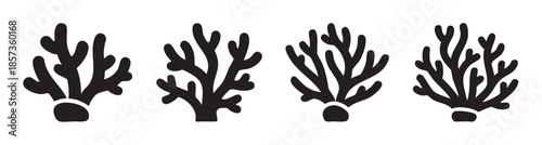 Coral reef plants set of four black silhouettes depicting various underwater marine life forms in a simple, stylized vector illustration.