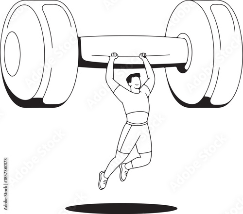 Opposite Day fitness concept outline illustration, dumbbells lifting a person during workout instead of the person lifting weights, bold smooth black outlines, minimal background, vector line art