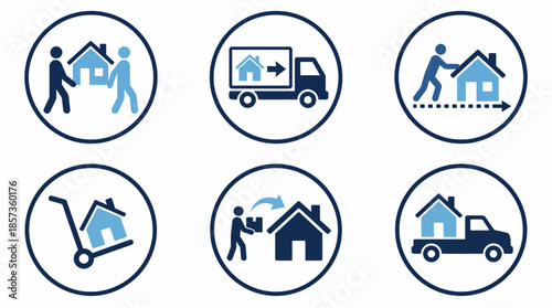 Set of circular blue line icons illustrating real estate, moving, delivery, and home services for relocation, property sales, and home improvement.