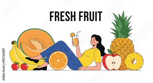 Young woman lying down among giant fresh fruits like melon, banana, orange, and pineapple while drinking a glass of juice.