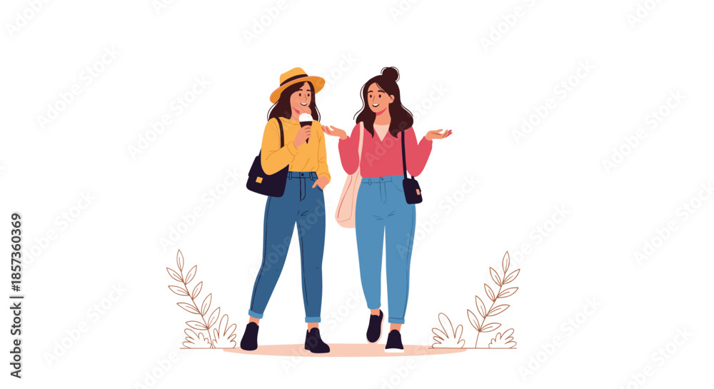 Fototapeta premium Two stylish young women walking together and having a lively conversation while one of them enjoys a delicious ice cream cone.