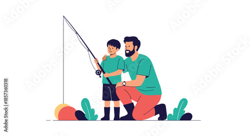 Loving father teaching his young son how to fish while they stand together by the water on a beautiful sunny day outdoors.