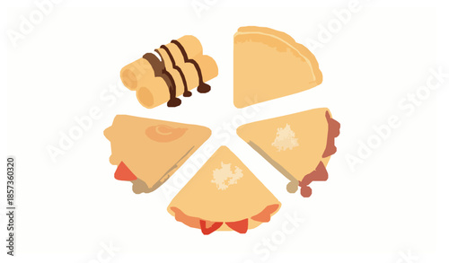 Sweet French crepe dessert vector set with chocolate drizzle and golden surface
