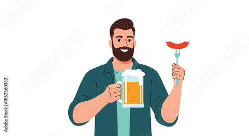 Happy bearded man holding a large mug of cold beer and a grilled sausage on a fork while celebrating at a festival.