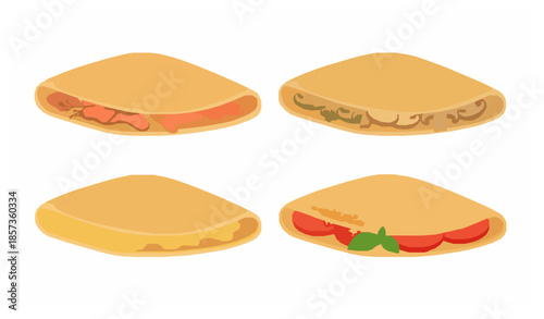 Savory French crepe pancake vector set with salmon mushrooms and cheese