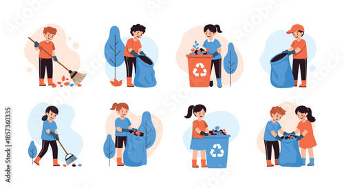 Group of children participating in environmental cleanup by raking leaves and putting trash into blue bags and recycling bins.