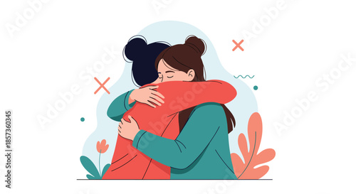 Two female friends sharing a warm and supportive hug in front of a colorful abstract background with plants and shapes.