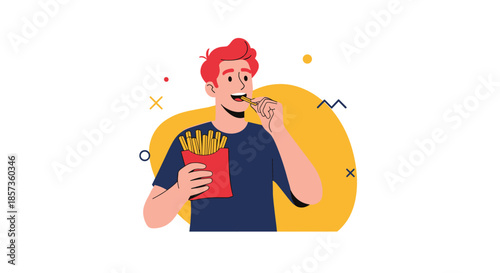 Young man with red hair enjoying a snack of salty french fries from a red paper container against a yellow background.