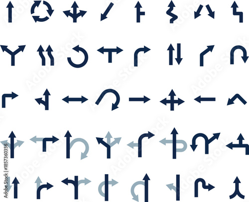 Road arrows. Navigation arrow for traffic, direction marks and routs, Set of various dark blue directional arrows, vector