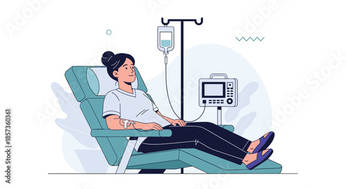 Brave woman sitting in a hospital chair and receiving a medical infusion or donating blood with a monitoring machine nearby.