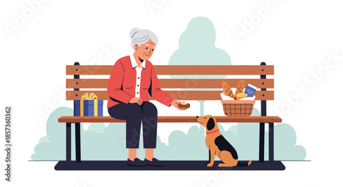 Kind elderly woman sitting on a wooden park bench and sharing a piece of bread with a small brown and black dog.