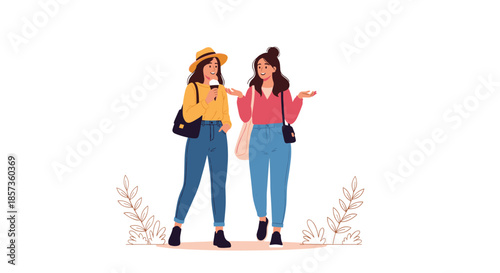 Two stylish young women walking together and having a lively conversation while one of them enjoys a delicious ice cream cone.