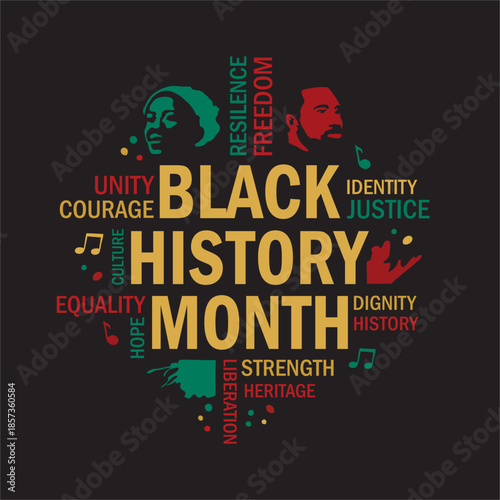 Black History Month typography design with African American figures and powerful words like equality, justice, courage, and resilience on a dark background.